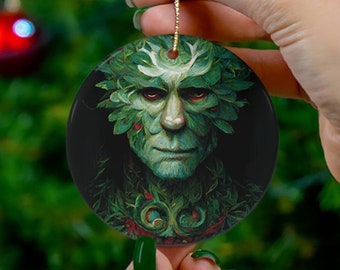 Green Man Yule Ornament - Pagan Holiday Ceramic Tree Decoration