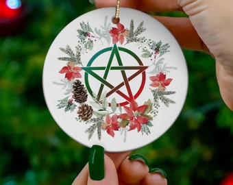 Yule Ornament - Pentagram with Wreath - Christmas Ornament Pagan Ornament - Pagan gift, Pagan Man Gift, solstice decor, winter solstice