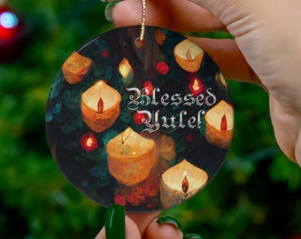 Witchy Yule Ornament - Yule Tree with candles and lights - Blessed Yule! Metal ornament for Yule Tree or home decor wiccan pagan witchcraft