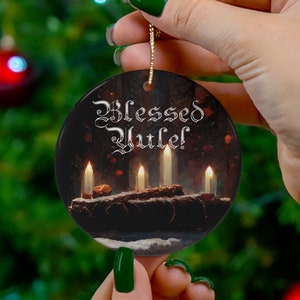 Pagan Yule Ornament - Ceramic ornament with Yule Log and candles with &quot;Blessed Yule&quot; - Happy Yule ornaoment, pagan gift, pagan man gift