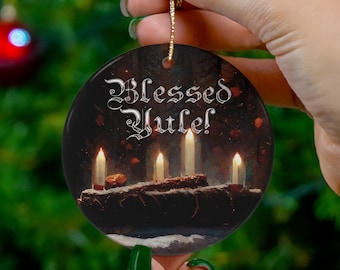Pagan Yule Ornament - Ceramic ornament with Yule Log and candles with "Blessed Yule" - Happy Yule ornaoment, pagan gift, pagan man gift