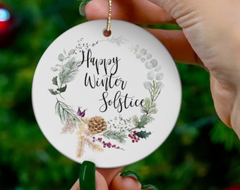 Happy Winter Solstice Ornament - Ceramic Yule ornament, Pagan gift, Pagan Man Gift, solstice decor, yule decoration, wiccan gift witchy gift