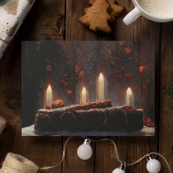 Yule Cards - Yule Log With Candles - Pagan Christmas Card, Wiccan Card, Witchy Card Yule Gift - Single Card, Set Of 10, Set Of 25