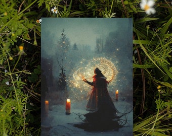 Winter Witch Flat Card - Yule Decor - 5x7 or 5x5 square - Winter Altar Art pagan decor, wiccan decor, wtichy decor witchy art pagan art