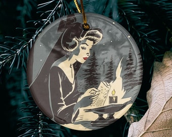 Vintage Style Witchy Yule Ornament - Ceramic Ornament - Retro Ornament - Christmas Ornament Pagan Ornament - 60s Ornament 50s Ornament
