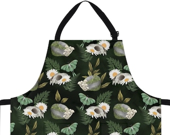 Kitchen Witch Apron WITH Pockets - Featuring skulls, moths mushrooms, botanicals, flowers & plants - One Size - witchy gift, wiccan gift