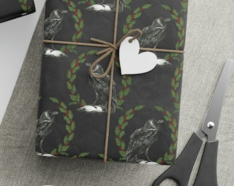 Gothic Raven Yule Wrapping Paper - Witchy Gift Wrap - Raven  & Wreath on Black | Gothic Christmas | Pagan Witchcraft Edgar Allan Poe