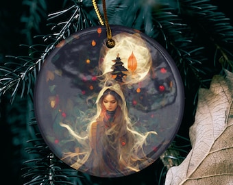 Witch in Woods Ceramic Yule Ornament - Wiccan Pagan Holiday Decor