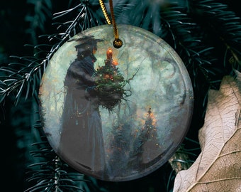 Pagan Yule Ornament - Masculine Witch with in the woods with tree Ornament - Blessed Yule! Ceramic ornament for Yule Tree or Christmas Tree