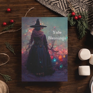 Yule Cards - Solitary Witch Celebrating The Solstice With Colorful Lights - Pagan Christmas Card, Wiccan Card Single, Set Of 10 Or 25 Cards