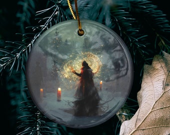 Witchy Yule Ornament - Candle Ceremony in the Woods - Ceramic Ornament