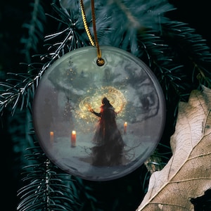 Witchy Yule Ornament - Candle Ceremony in the Woods with Cloaked Witch - Blessed Yule! Ceramic ornament for Yule Tree or home decoration