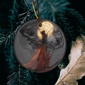 Witchy Yule Ornament - Full Moon Ceremony in the Woods with Cloaked Witch - Blessed Yule! Ceramic ornament for Yule Tree or home decoration