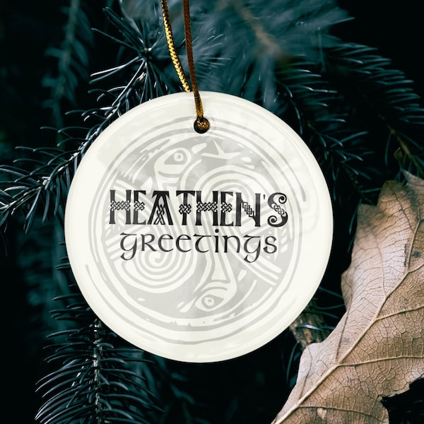 Heathen's Greetings, Ceramic Yule Ornaments, Futhark Stag Vegvisir Witchcraft, Witch, Yule Pagan Norse Decor, Pagan Gift, Witchy Gift