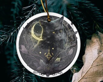 Witchy Yule Ornament - Ceramic Ornament - Black Cat with Moon Ornament - Christmas Ornament Pagan Ornament - Pagan Man Gift, solstice decor