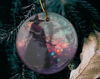 Witchy Yule Ornament - CERAMIC Yule Ornament - Blessed Yule! Decoration for Yule Tree, pagan man gift, moth ornament beautiful lights