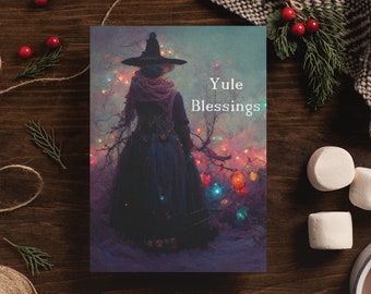 Yule Cards - Solitary Witch Celebrating The Solstice With Colorful Lights - Pagan Christmas Card, Wiccan Card Single, Set Of 10 Or 25 Cards