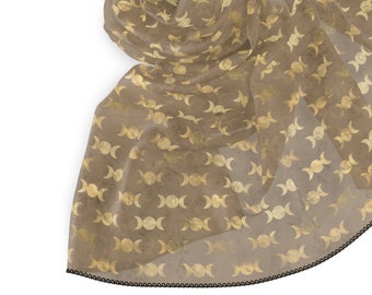 Gold & Tan Goddess Veil | Witchy Headscarf | Head Covering | Triple Moon Goddess Symbol | Witchcraft Pagan Wiccan | Witches Veiling Scarf