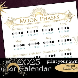 Mondkalender 2025 - Mondphasenkalender | Buch der Schatten Seite | Druckbare Sofort-Download | Farb-, Schwarzweiß-Versionen | Ganze Seite 8.4x11&quot; A4