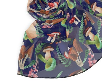 Colorful Mushroom Print Veil / Head Scarf - Witchy scarf perfect for veiling or fashion - Sheer, lightweight chiffon, small or large size