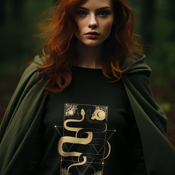 Organic Cotton Witchy Sweatshirt | Gold Esoteric Snakes | Unisex | Tarot Occult Design | Witch Sweater | Witchy Clothing | Eco-Friendly