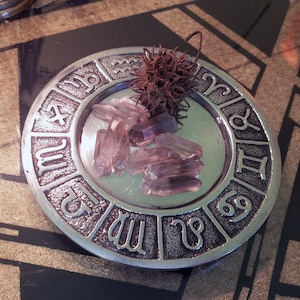 Small Offering Plate Candle Holder 5&quot; Diameter - Zodiac Symbols - Altar tools witchcraft pillar candle smoke bundle holder spells star sign