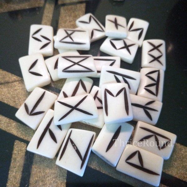 Bone Runes - Full Set - Hand Carved | Water Buffalo Bone | Divination | Norse Runes | Elder Futhark | Nordic Runes | Run Magic | with Pouch