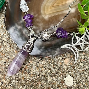 Amethyst Pendulum Bracelet | Triple Moon Pentagram Charm | Pentacle | Protection, Grounding, Elements | Divination Tool for Witches Mystics