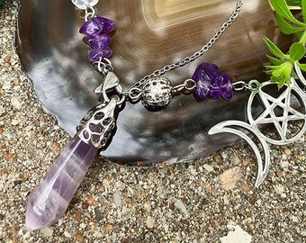 Amethyst Pendulum Bracelet | Triple Moon Pentagram Charm | Pentacle | Protection, Grounding, Elements | Divination Tool for Witches Mystics
