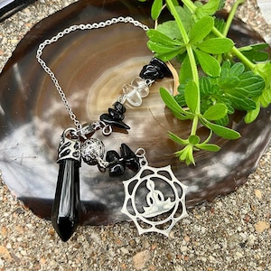 Black Obsidian Pendulum Bracelet | Lotus Pose Chakra Charm | Protection Rebirth Grounding, Positivity | Divination Tool for Witches Mystics