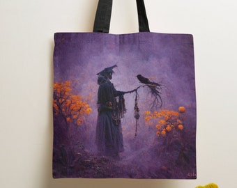Witchy Tote Bag - Spooky Purple & Black Tote bag - Witch silhouette with black raven - Samhain inspired small medium large totes