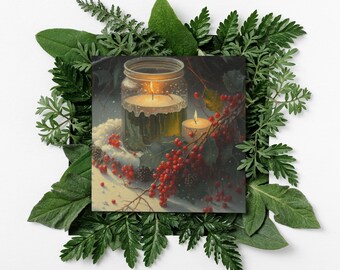 Carte d'art d'autel Imbolc : Brigid, bougie verte et baies