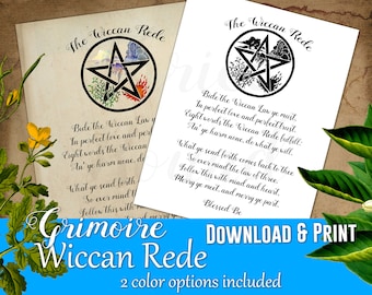 Wiccan Rede Printable - Book of Shadows Page, Elemental Pentagram (Digital Download)