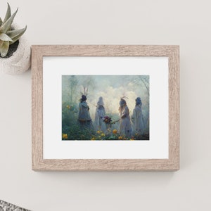 May include: A framed painting of four figures in white robes and head coverings standing in a misty forest setting. The figures are holding a bouquet of flowers and are surrounded by a field of yellow flowers.