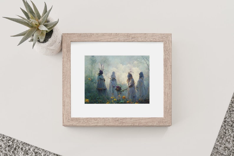 May include: A framed painting of four figures in white robes and head coverings standing in a misty forest setting. The figures are holding a bouquet of flowers and are surrounded by a field of yellow flowers.
