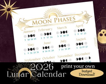 2026 Moon Phase Calendar - Printable Lunar Guide (Digital Download)