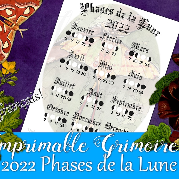 2022 Imprimable Phases de la Lune pour votre Livre des Ombres ou Grimoire - instantané download - wiccan païen sorcière  sorcellerie