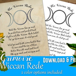 Wiccan Rede Printable Book of Shadows Grimoire Page - Triple Moon Goddess Design - Downloadable 8.5x11&quot; and A5 formats included