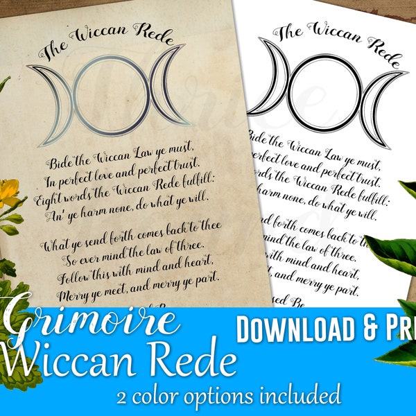 Wiccan Rede Printable Book of Shadows Grimoire Page - Triple Moon Goddess Design - Downloadable 8.5x11" and A5 formats included