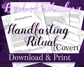 Peut inclure: Un guide de rituel de handfasting imprimable avec le titre "Handfasting Ritual" dans une police décorative. Le texte comprend les mots "Book of Shadows" et "Covert". L'arrière-plan est un dégradé violet avec un motif de spirale argenté.