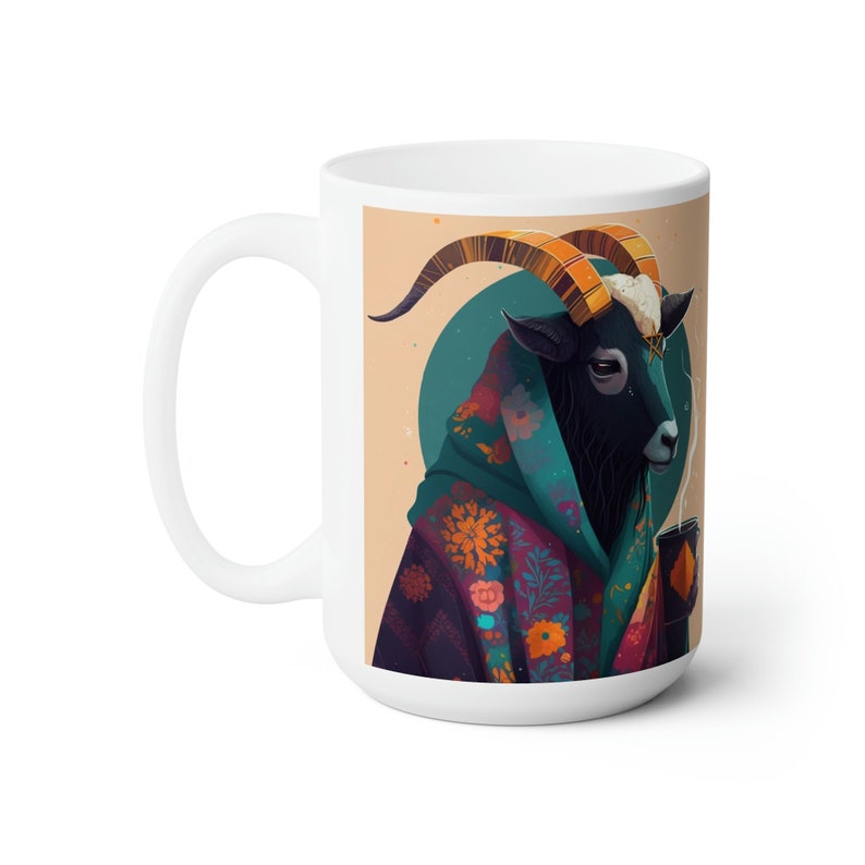 Cozy Baphomet Mug - 15oz White Mug - Cute Baphomet sipping tea | modern design | witchy mugs | satanic mug | goat mug | cottagecore image 4