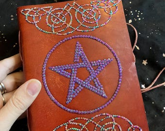 Book of Shadows | Leather-Bound Handmade Book with Celtic Pentagram Pentacle Design | Small