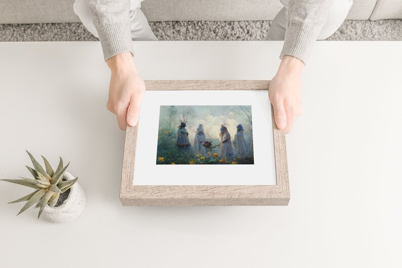 May include: Framed print of a painting depicting five figures in white robes standing in a misty forest setting. The figures are holding flowers and appear to be engaged in a ritual or ceremony.