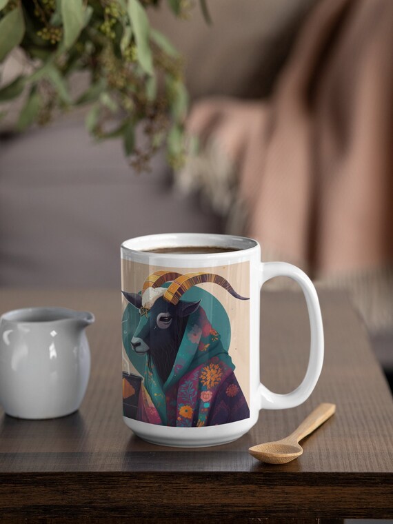Cozy Baphomet Mug - 15oz White Mug - Cute Baphomet sipping tea | modern design | witchy mugs | satanic mug | goat mug | cottagecore