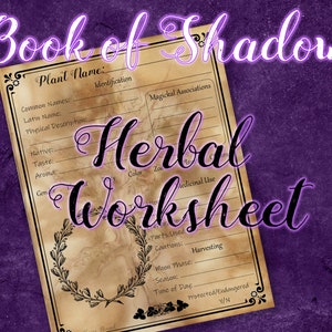 Downloadable Grimoire Herbal Worksheet - Book of Shadows Page for herbalism, herbal magic Green Witch Witchcraft