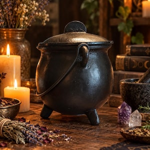 May include: A black cast iron cauldron with a rounded body, three short legs, and a matching lid. The pot features a curved metal handle attached to the sides, showcasing a textured, dark metallic finish throughout the entire exterior.