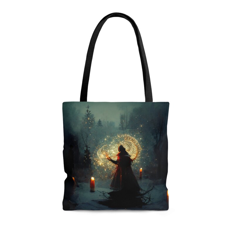 Witchy Tote Bag - Witch casting a circle on a cold winter's night - blue black tote, grocery bag, pagan gift, wiccan gift, witchy gift image 4