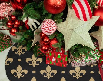 Falda para árbol de Navidad con diseño de flor de lis - Decoración navideña en negro y dorado