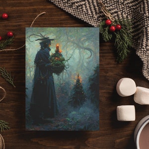 May include: A painting of a person in a dark robe holding a lit Christmas tree in a foggy forest. The person is wearing a hat with a feather and is holding a candle in their other hand.