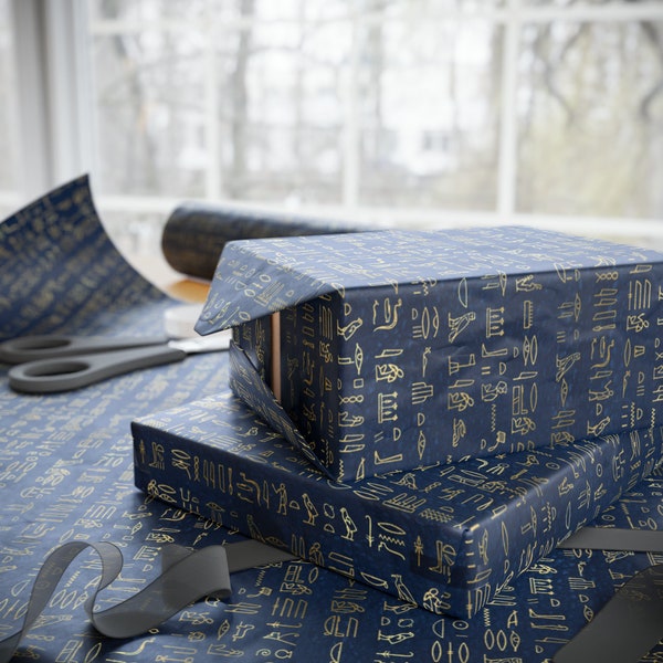 Gold and Blue Ancient Egyptican Hieroglyphics Wrapping Paper - Great for witchy gifts, birthday, Wiccans, pagan, witches Historians